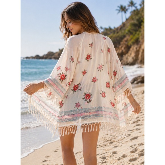 Other - Silk Blend Sheer Floral Kimono Cardigan Boho Fringe Ivory Beach XS S